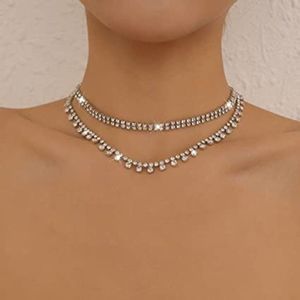 Layered Rhinestone Necklace Gold Choker Crystal Neck Chain Jewelry for Women